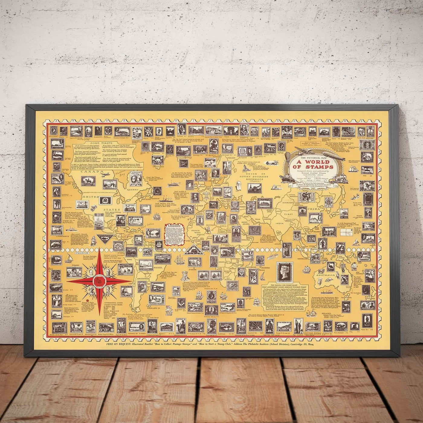 Antiguo mapa del mundo de los sellos, 1947 por E. Chase - Atlas histórico de correos, lugares de interés, Penny Black
