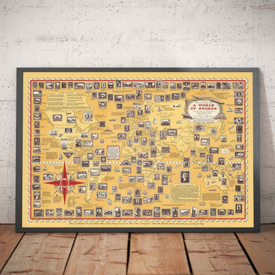 Antiguo mapa del mundo de los sellos, 1947 por E. Chase - Atlas histórico de correos, lugares de interés, Penny Black