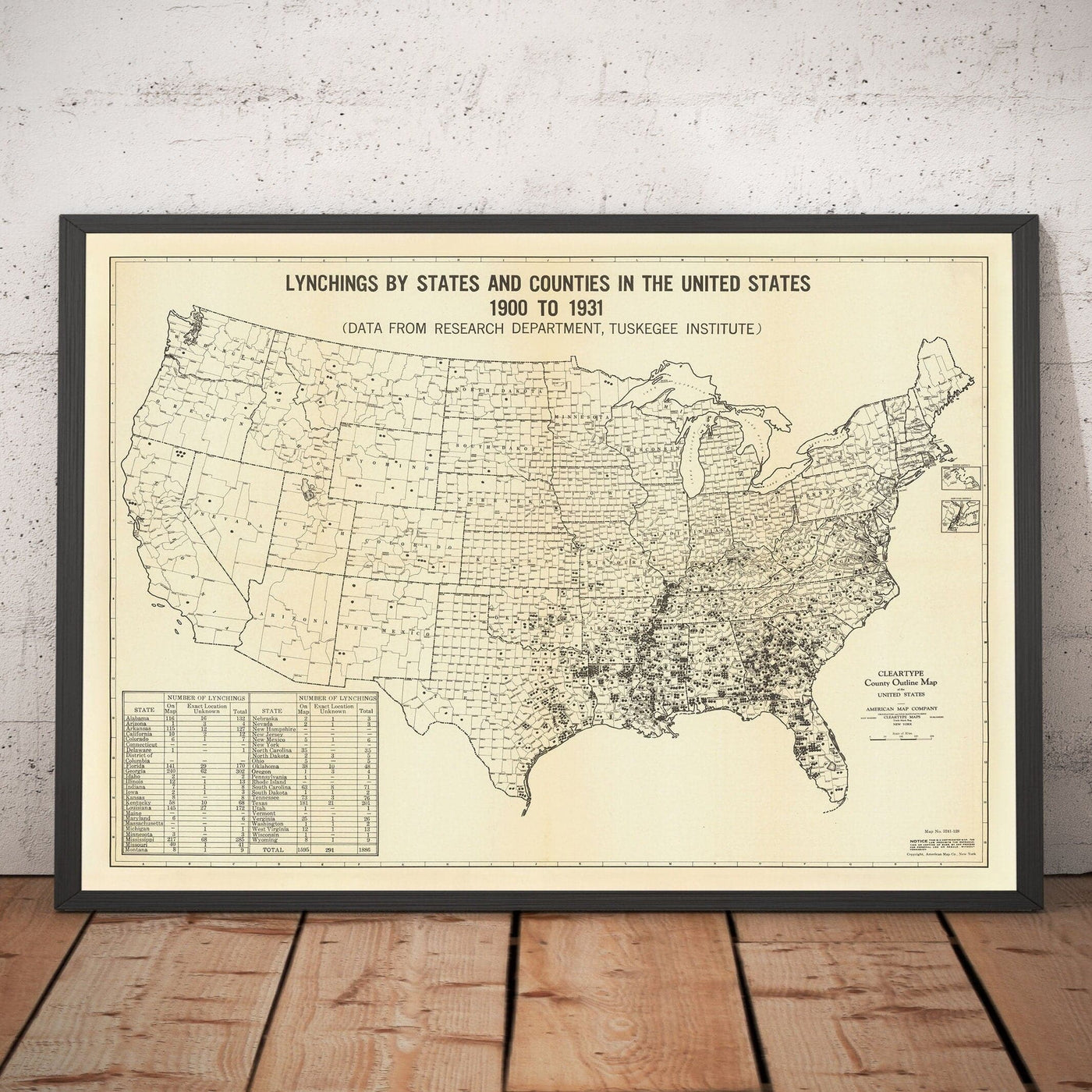 Old Map of Lynchings in America, 1900-1931 - Afro-American Racial Injustice, Deep South USA, Jim Crow, KKK