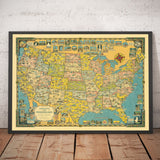 Old Pictorial Map of USA, 1941 by E. Chase - "America the Wonderland" - Illustrated Landmarks, Natural Wonders
