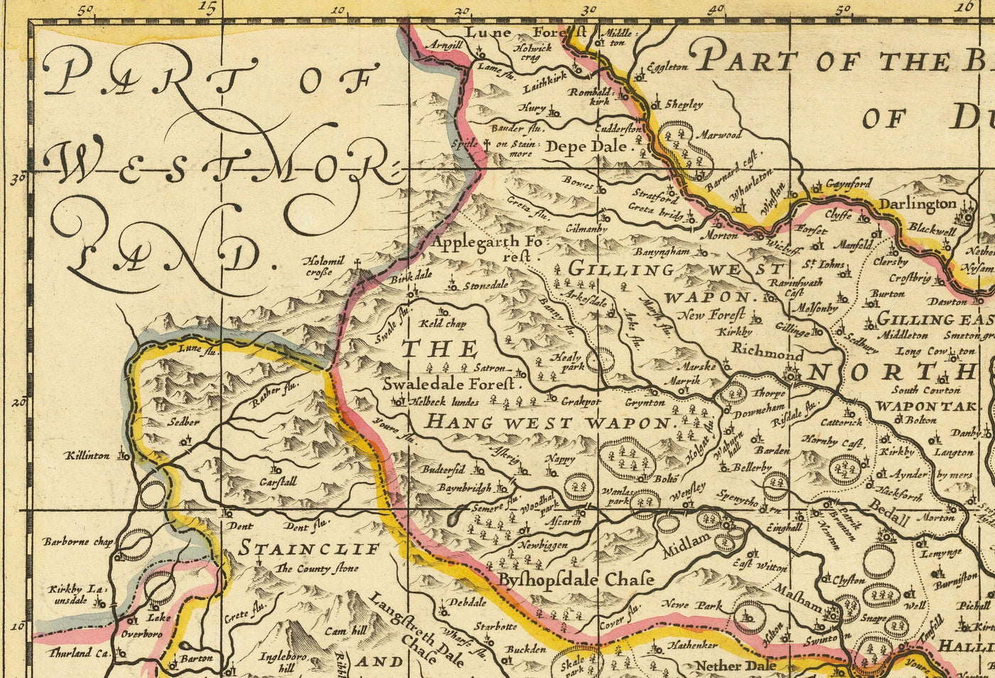 Alte Karte von Yorkshire, 1690 - York, Leeds, Sheffield, Rotherham, Doncaster, Middlesbrough, Hull, Whitby, Humber 