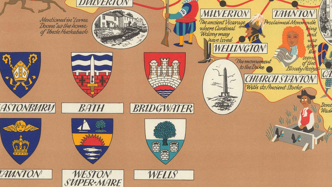 Old Pictorial Map of Somerset, 1950 - British Railway, Weston-super-Mare, Somerton, Dulverton, Bath, West Country