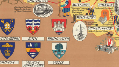 Old Pictorial Map of Somerset, 1950 - British Railway, Weston-super-Mare, Somerton, Dulverton, Bath, West Country