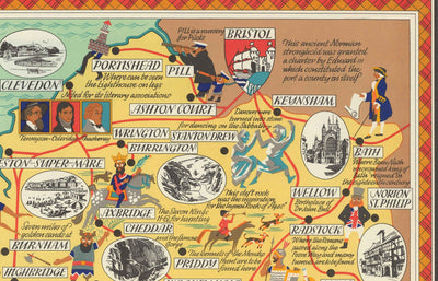 Old Pictorial Map of Somerset, 1950 - British Railway, Weston-super-Mare, Somerton, Dulverton, Bath, West Country
