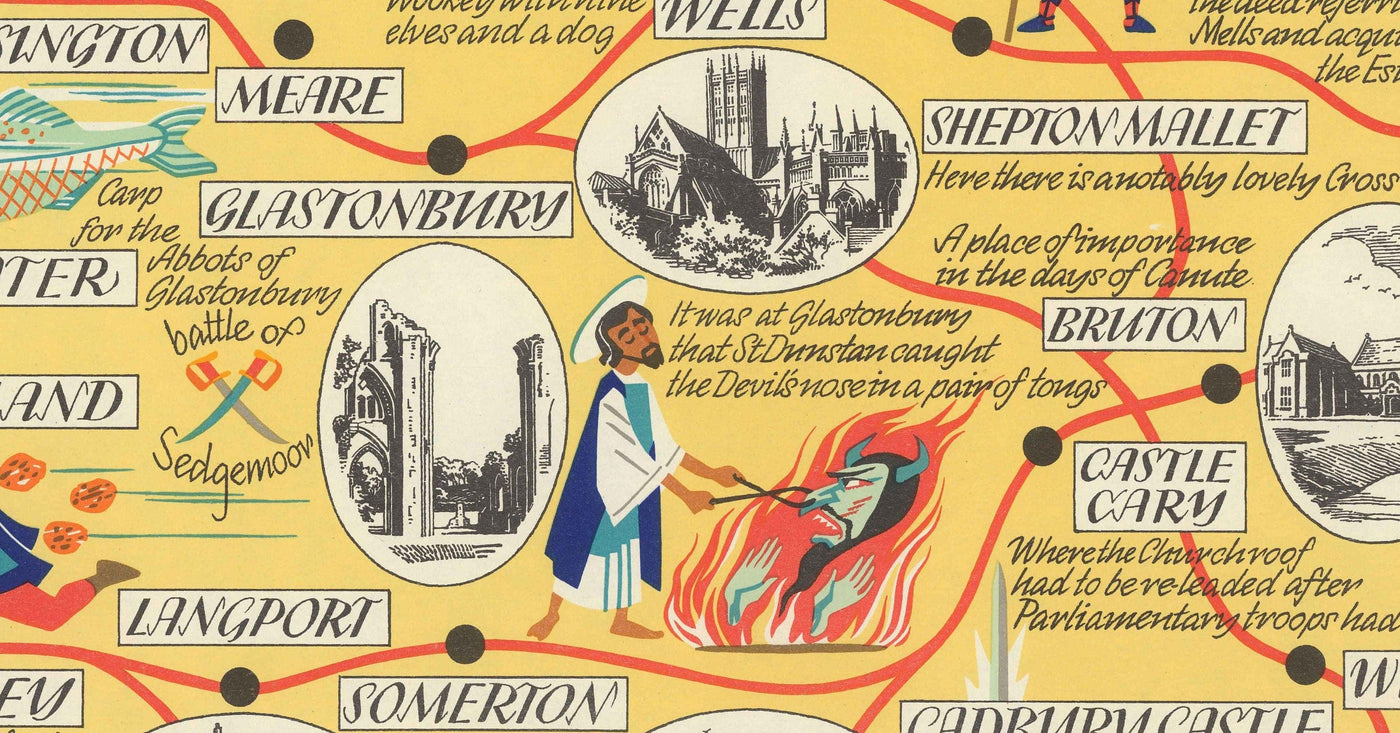 Old Pictorial Map of Somerset, 1950 - British Railway, Weston-super-Mare, Somerton, Dulverton, Bath, West Country