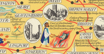 Old Pictorial Map of Somerset, 1950 - British Railway, Weston-super-Mare, Somerton, Dulverton, Bath, West Country