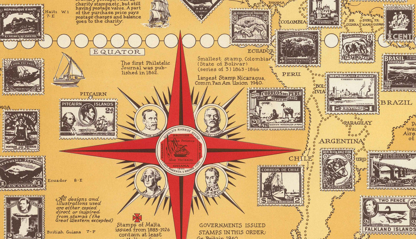 Antiguo mapa del mundo de los sellos, 1947 por E. Chase - Atlas histórico de correos, lugares de interés, Penny Black