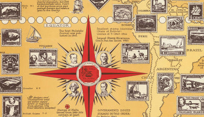 Antiguo mapa del mundo de los sellos, 1947 por E. Chase - Atlas histórico de correos, lugares de interés, Penny Black