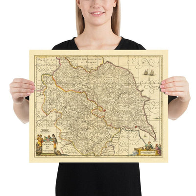 Alte Karte von Yorkshire, 1690 - York, Leeds, Sheffield, Rotherham, Doncaster, Middlesbrough, Hull, Whitby, Humber 