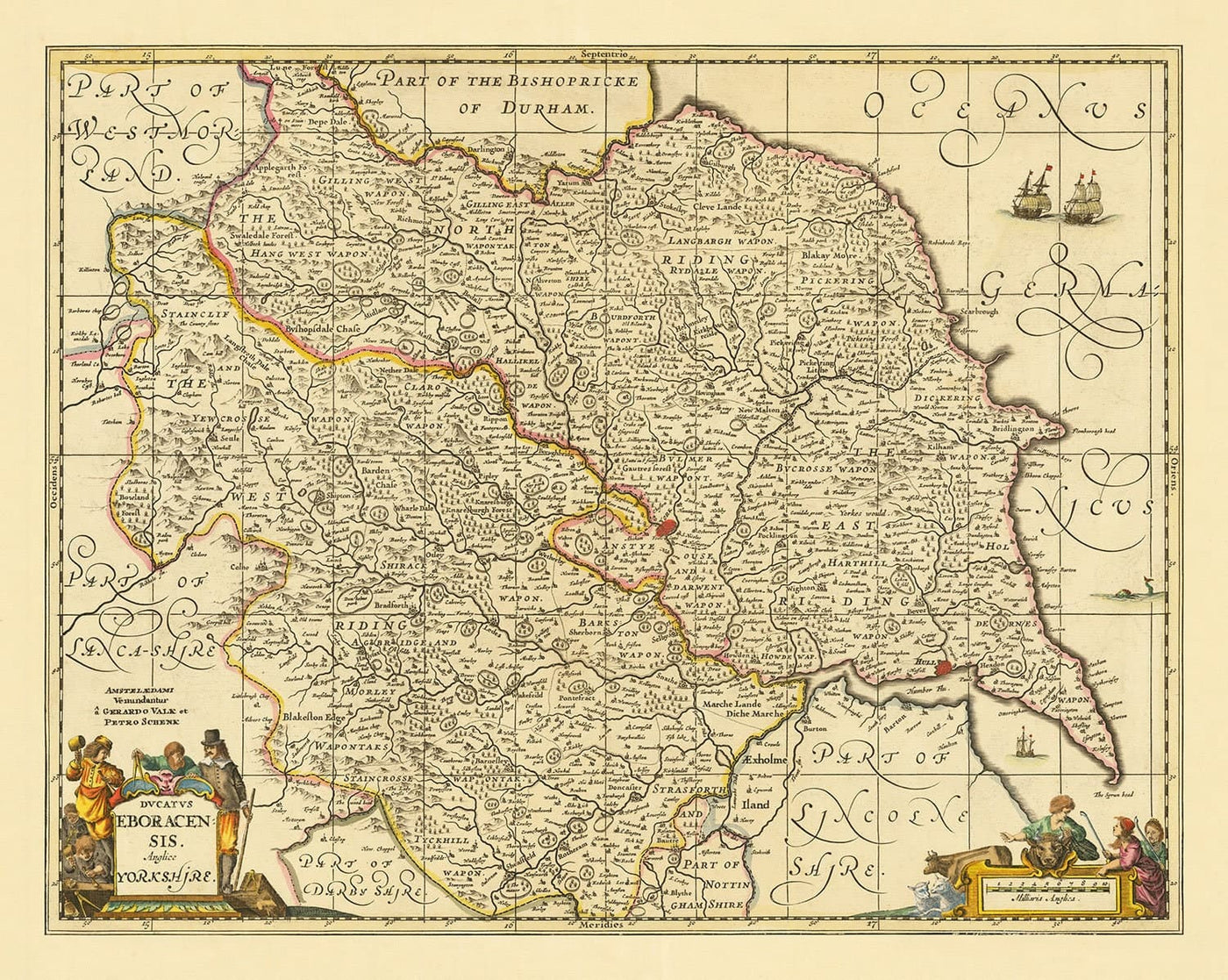 Alte Karte von Yorkshire, 1690 - York, Leeds, Sheffield, Rotherham, Doncaster, Middlesbrough, Hull, Whitby, Humber 