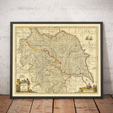 Antica mappa dello Yorkshire, 1690 - York, Leeds, Sheffield, Rotherham, Doncaster, Middlesbrough, Hull, Whitby, Humber 