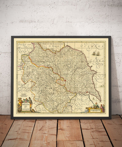 Alte Karte von Yorkshire, 1690 - York, Leeds, Sheffield, Rotherham, Doncaster, Middlesbrough, Hull, Whitby, Humber 