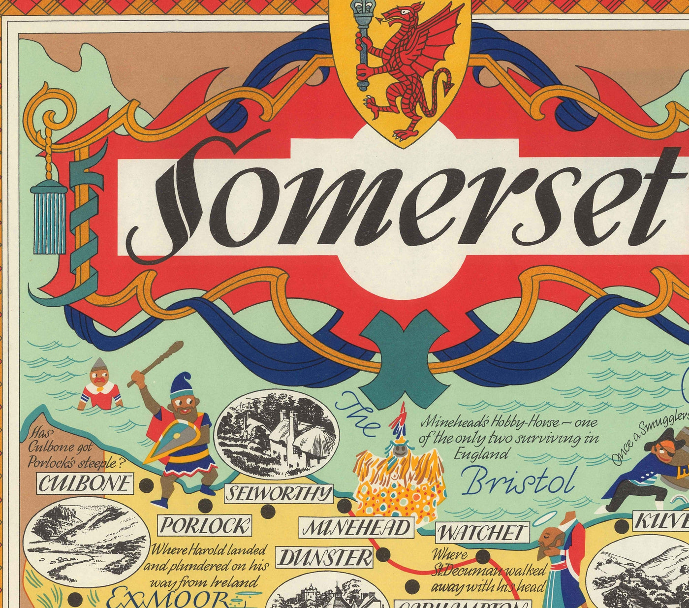 Old Pictorial Map of Somerset, 1950 - British Railway, Weston-super-Mare, Somerton, Dulverton, Bath, West Country