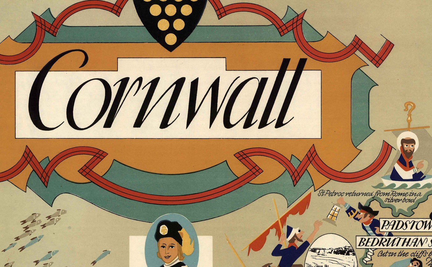 Alte bildliche Karte von Cornwall, 1950 von Bowyer - British Railway, St Ives, Newquay, Plymouth, Truro, West Country 