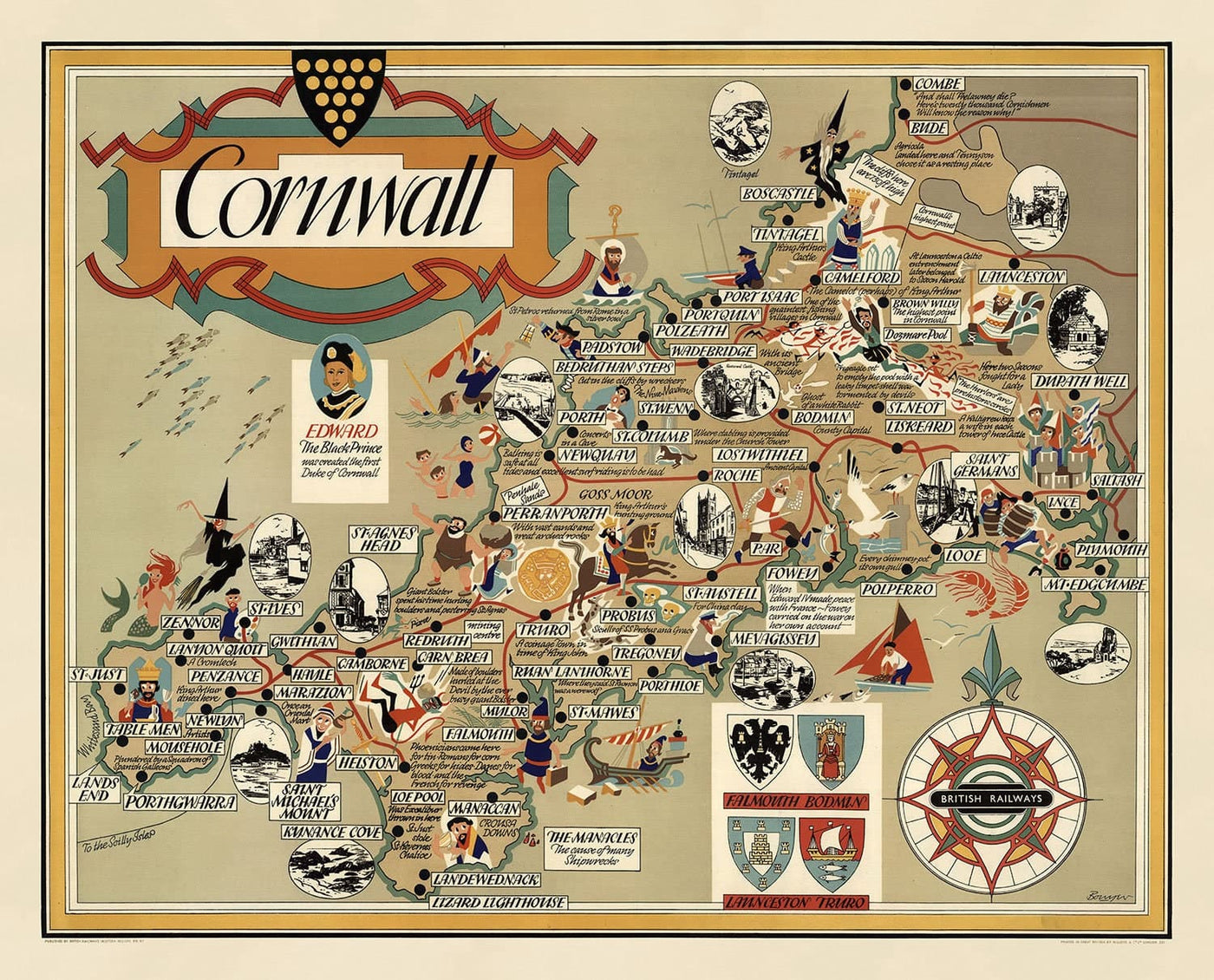 Alte bildliche Karte von Cornwall, 1950 von Bowyer - British Railway, St Ives, Newquay, Plymouth, Truro, West Country 