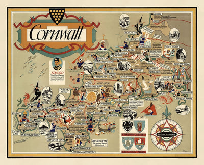 Alte bildliche Karte von Cornwall, 1950 von Bowyer - British Railway, St Ives, Newquay, Plymouth, Truro, West Country 