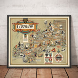Vecchia mappa pittorica della Cornovaglia, 1950 di Bowyer - Ferrovie britanniche, St Ives, Newquay, Plymouth, Truro, Paese occidentale 
