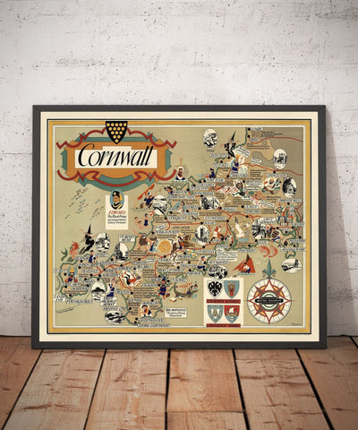 Alte bildliche Karte von Cornwall, 1950 von Bowyer - British Railway, St Ives, Newquay, Plymouth, Truro, West Country 