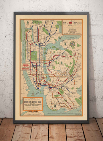 Ancien plan de métro de la ville de New York, 1954 par Voorhies - Queens, Brooklyn, Manhattan, IND, IRT, BMT Rail Lines