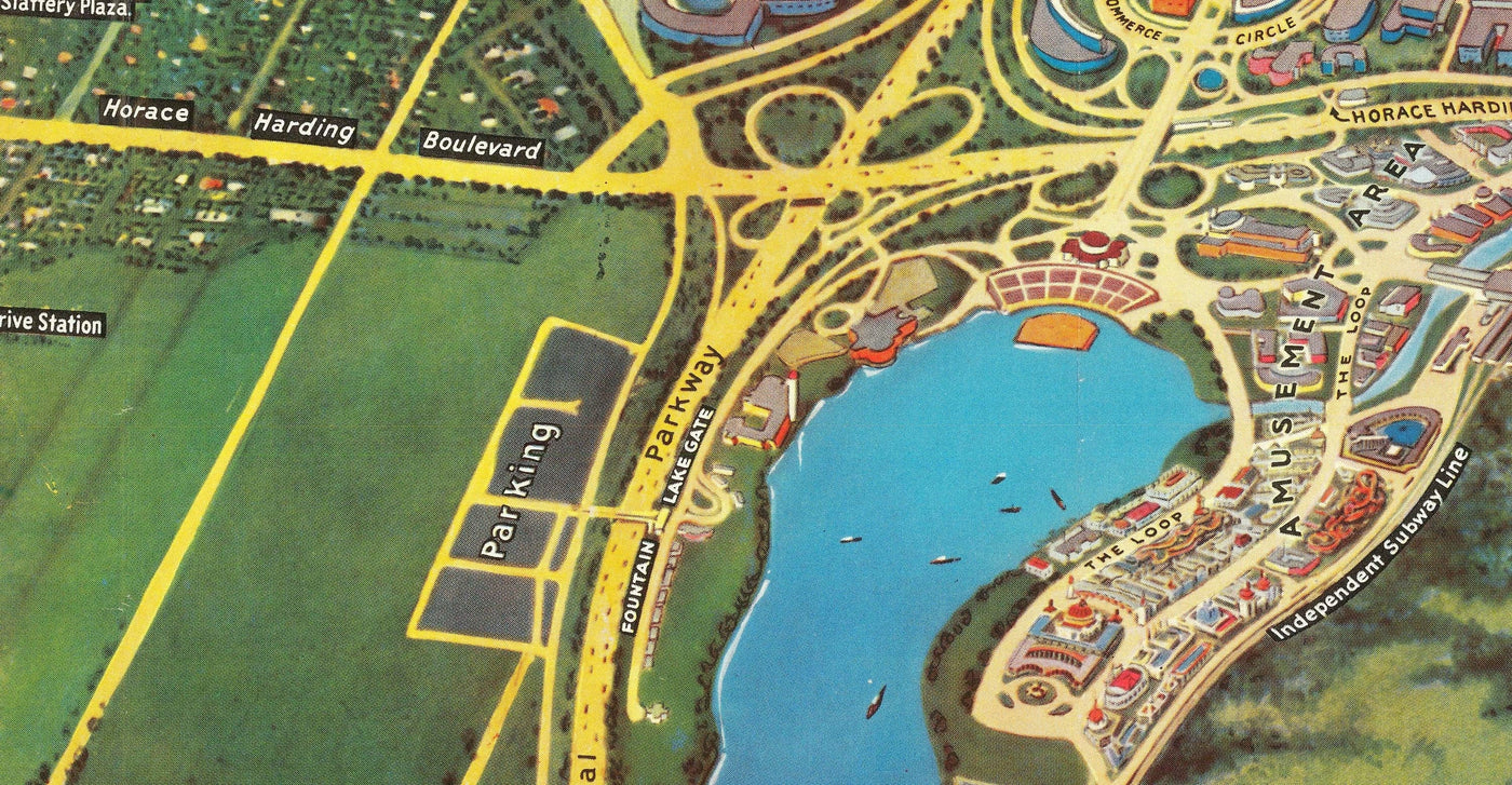 Feria Mundial de Nueva York, 1939 por Spofford - Antiguo mapa pictórico de Manhattan, Nueva Jersey, metro, ferrocarril, Flushing Meadows