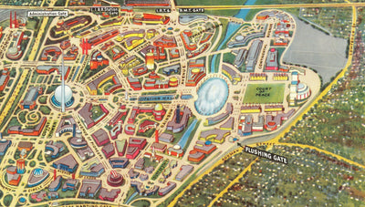 Feria Mundial de Nueva York, 1939 por Spofford - Antiguo mapa pictórico de Manhattan, Nueva Jersey, metro, ferrocarril, Flushing Meadows