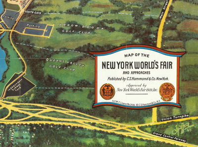 Feria Mundial de Nueva York, 1939 por Spofford - Antiguo mapa pictórico de Manhattan, Nueva Jersey, metro, ferrocarril, Flushing Meadows