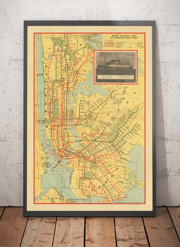 Mappa della metropolitana di New York del 1927 - Queens, Brooklyn, Ferrovia, Manhattan, INT, BMT, Interboro Elevated Rail 