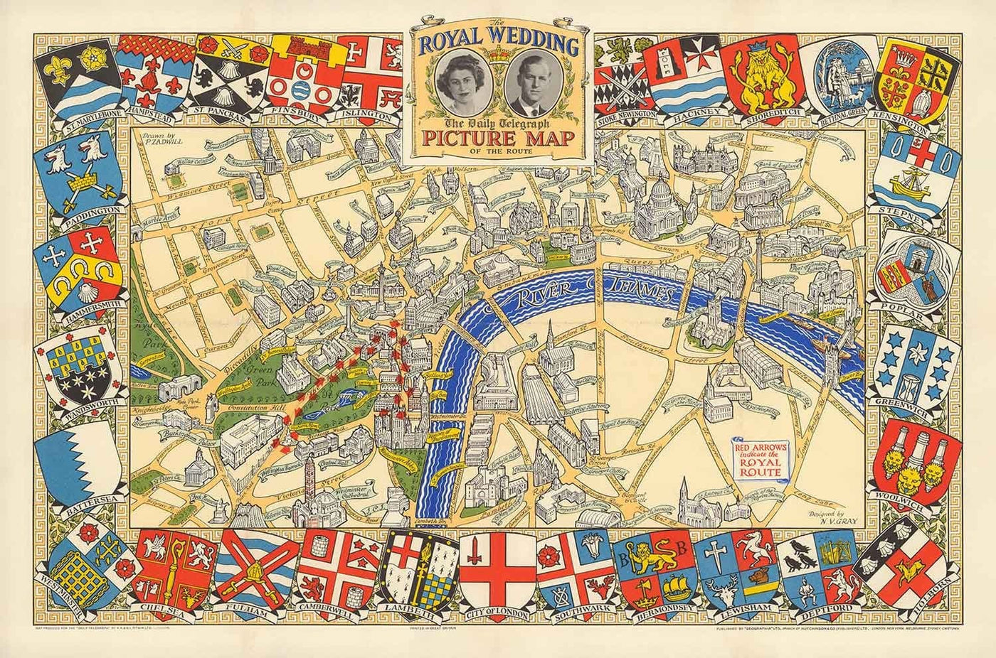 Mapa antiguo de la Boda Real en Londres, 1947 - Emblemas del municipio, Reina Isabel II y Príncipe Felipe, Abadía de Westminster