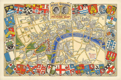 Mapa antiguo de la Boda Real en Londres, 1947 - Emblemas del municipio, Reina Isabel II y Príncipe Felipe, Abadía de Westminster