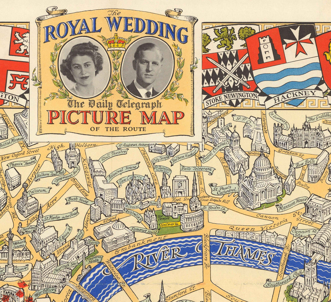 Mapa antiguo de la Boda Real en Londres, 1947 - Emblemas del municipio, Reina Isabel II y Príncipe Felipe, Abadía de Westminster