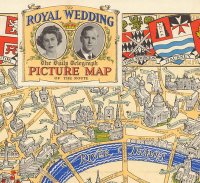 Mapa antiguo de la Boda Real en Londres, 1947 - Emblemas del municipio, Reina Isabel II y Príncipe Felipe, Abadía de Westminster