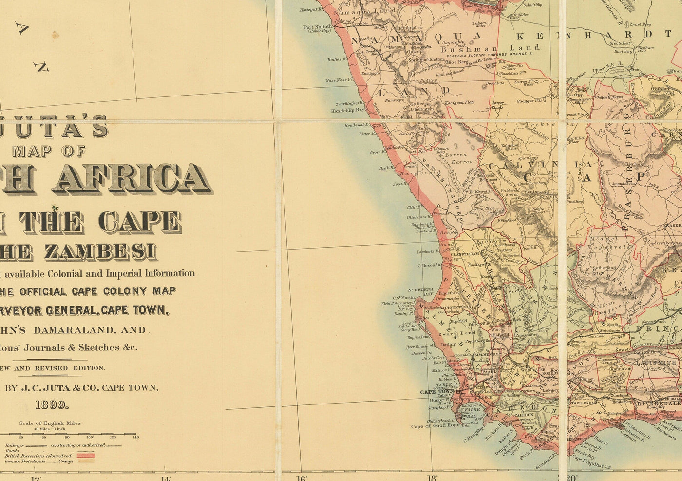 Antiguo mapa de Sudáfrica y África Central 1899 - Imperio Británico y Guerras Bóer, Ciudad del Cabo, Mozambique, Botsuana,