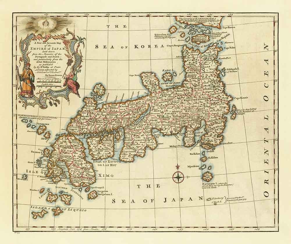 Antiguo mapa de Japón realizado por Bowen en 1744 - Tokio, Kioto, Osaka, Honshu, Shikoku, Kyushu, Kamchatka, Asia Oriental