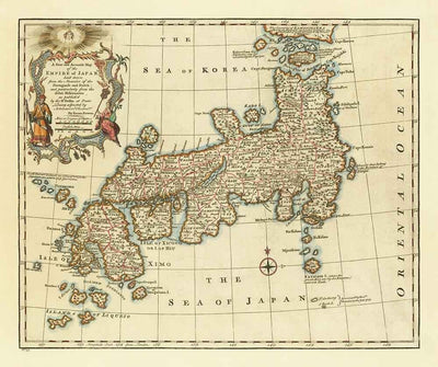Antiguo mapa de Japón realizado por Bowen en 1744 - Tokio, Kioto, Osaka, Honshu, Shikoku, Kyushu, Kamchatka, Asia Oriental