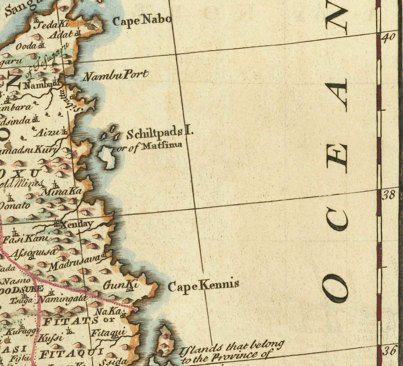 Antiguo mapa de Japón realizado por Bowen en 1744 - Tokio, Kioto, Osaka, Honshu, Shikoku, Kyushu, Kamchatka, Asia Oriental