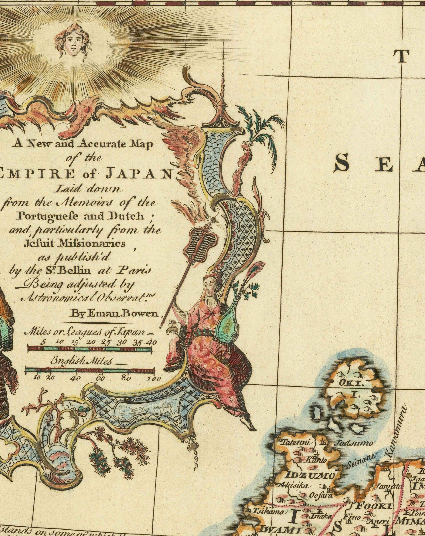 Antiguo mapa de Japón realizado por Bowen en 1744 - Tokio, Kioto, Osaka, Honshu, Shikoku, Kyushu, Kamchatka, Asia Oriental
