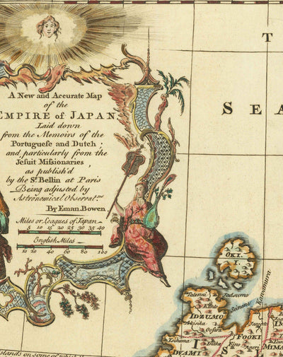 Antiguo mapa de Japón realizado por Bowen en 1744 - Tokio, Kioto, Osaka, Honshu, Shikoku, Kyushu, Kamchatka, Asia Oriental