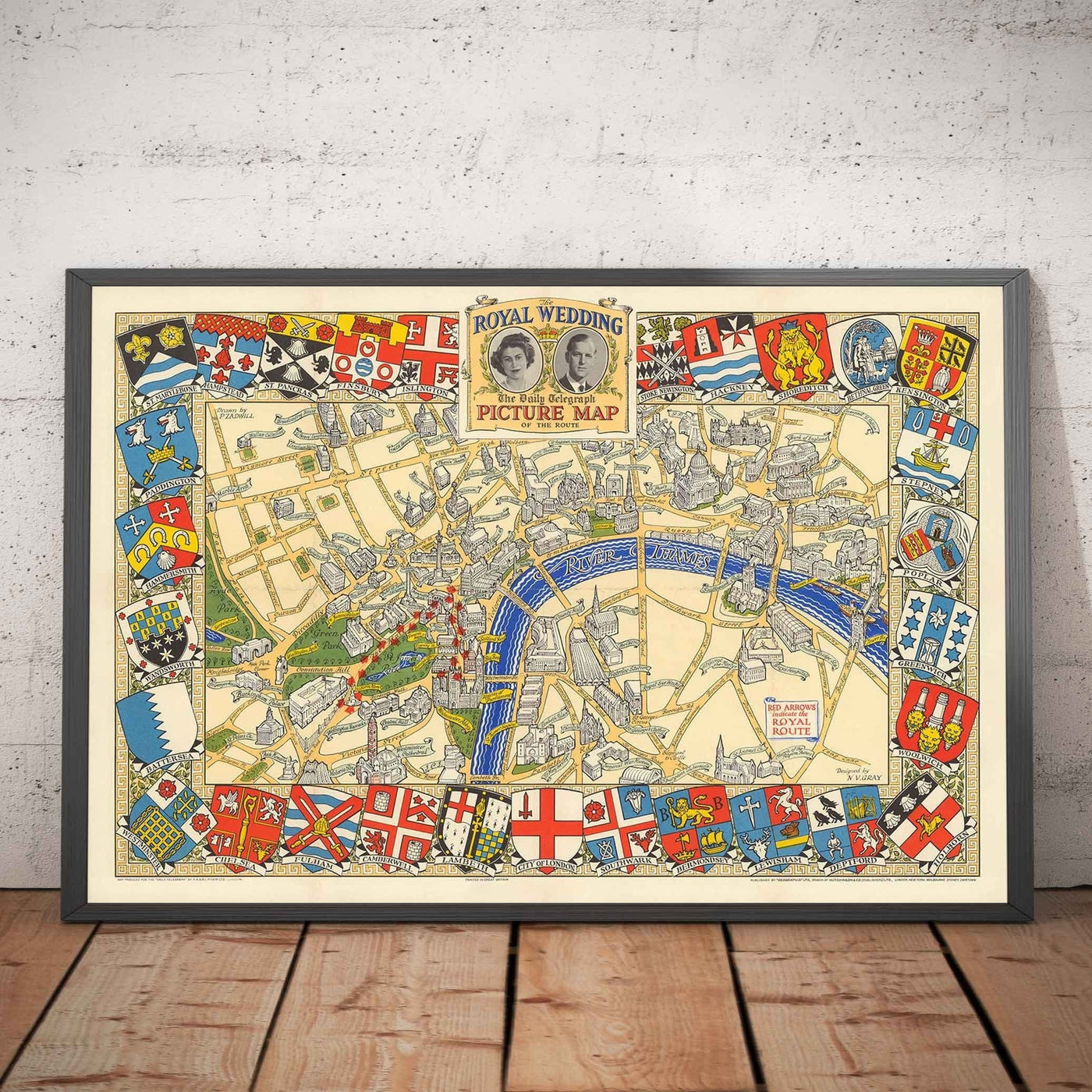 Mapa antiguo de la Boda Real en Londres, 1947 - Emblemas del municipio, Reina Isabel II y Príncipe Felipe, Abadía de Westminster