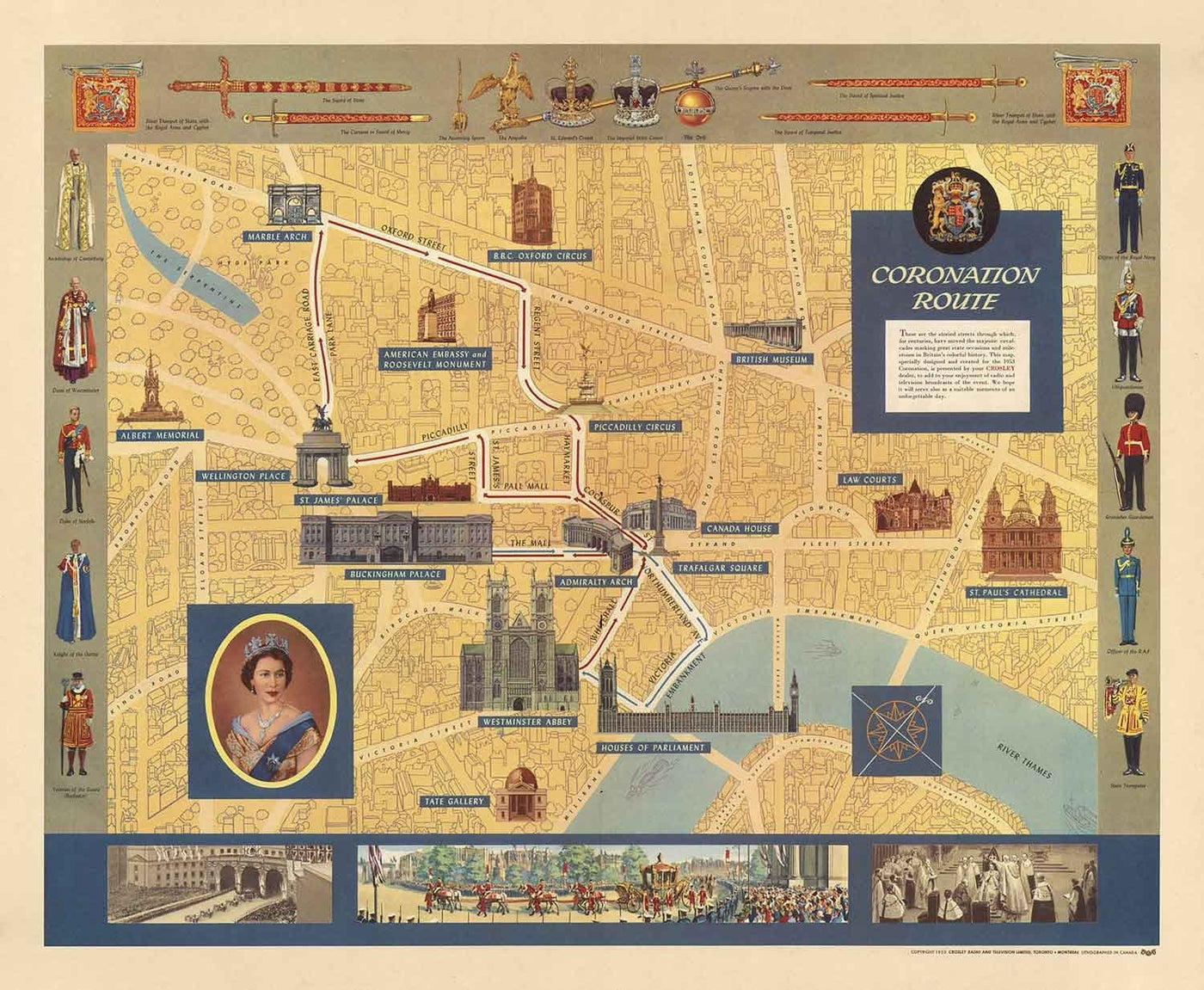 Alter bildlicher Plan der Krönung der Königin in London, 1953 von Crosley - HM Elizabeth II, Royal Familie, Westminster 