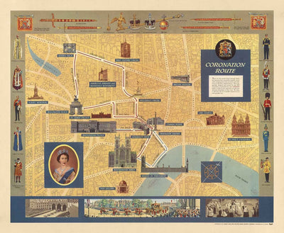 Alter bildlicher Plan der Krönung der Königin in London, 1953 von Crosley - HM Elizabeth II, Royal Familie, Westminster 