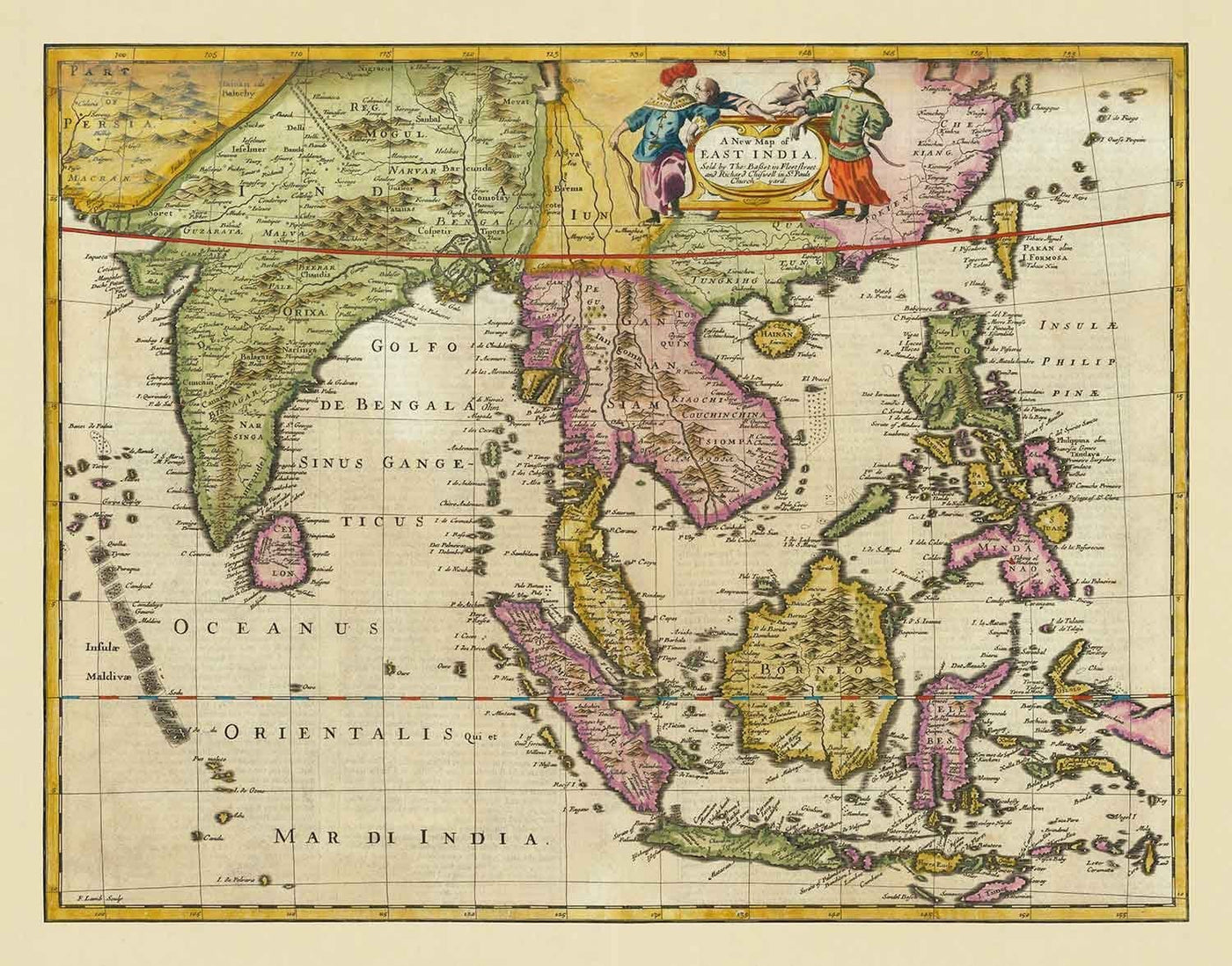 Ancienne carte de l'Inde et de l'Asie du Sud-Est, 1676 par John Speed - Pakistan, Thaïlande, Chine, Indonésie, Taiwan