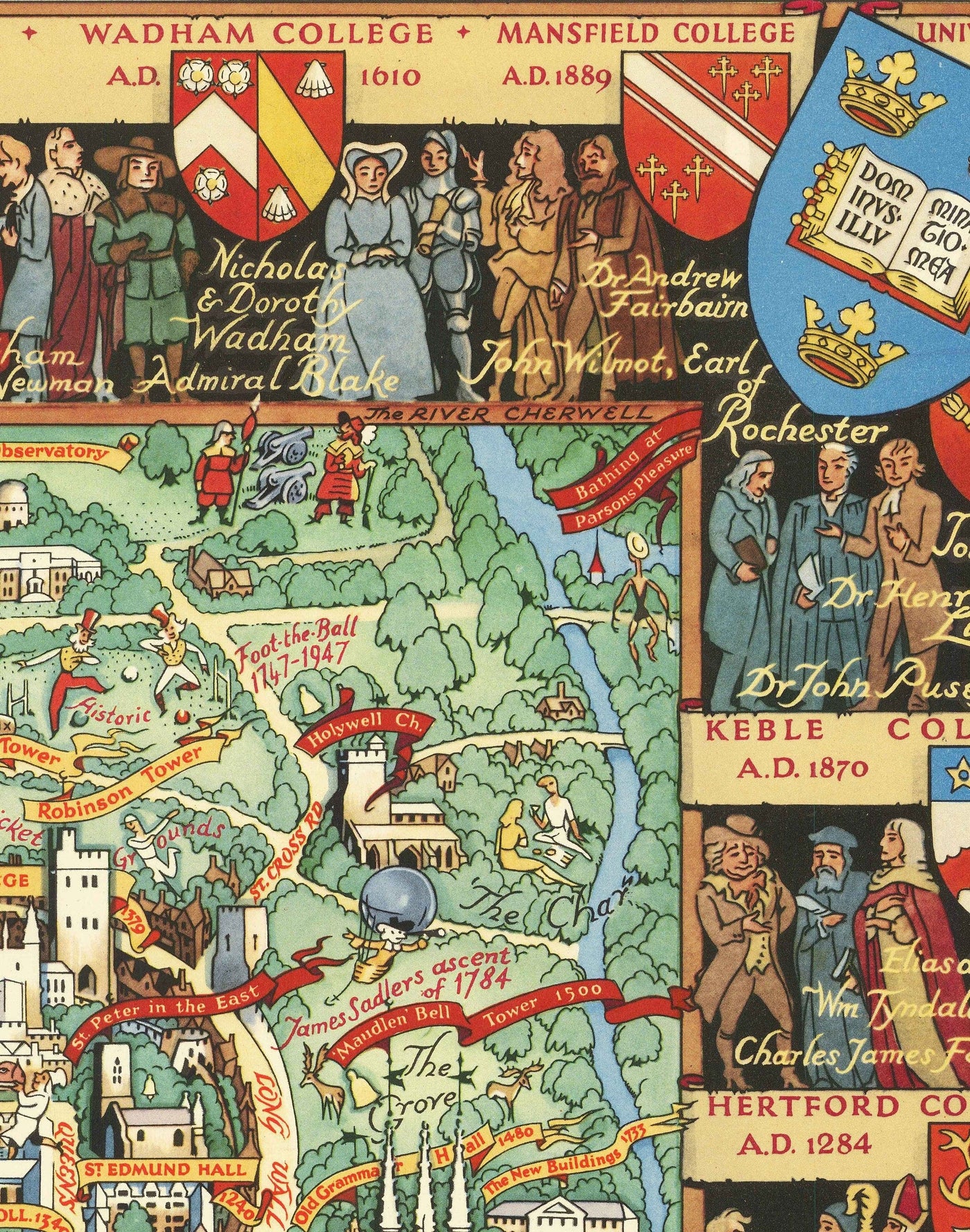 Old Pictorial Map of Oxford by Kerry Lee, 1948 - Pictorial University Colleges, Landmarks - St Catherine's, Keble, All Souls