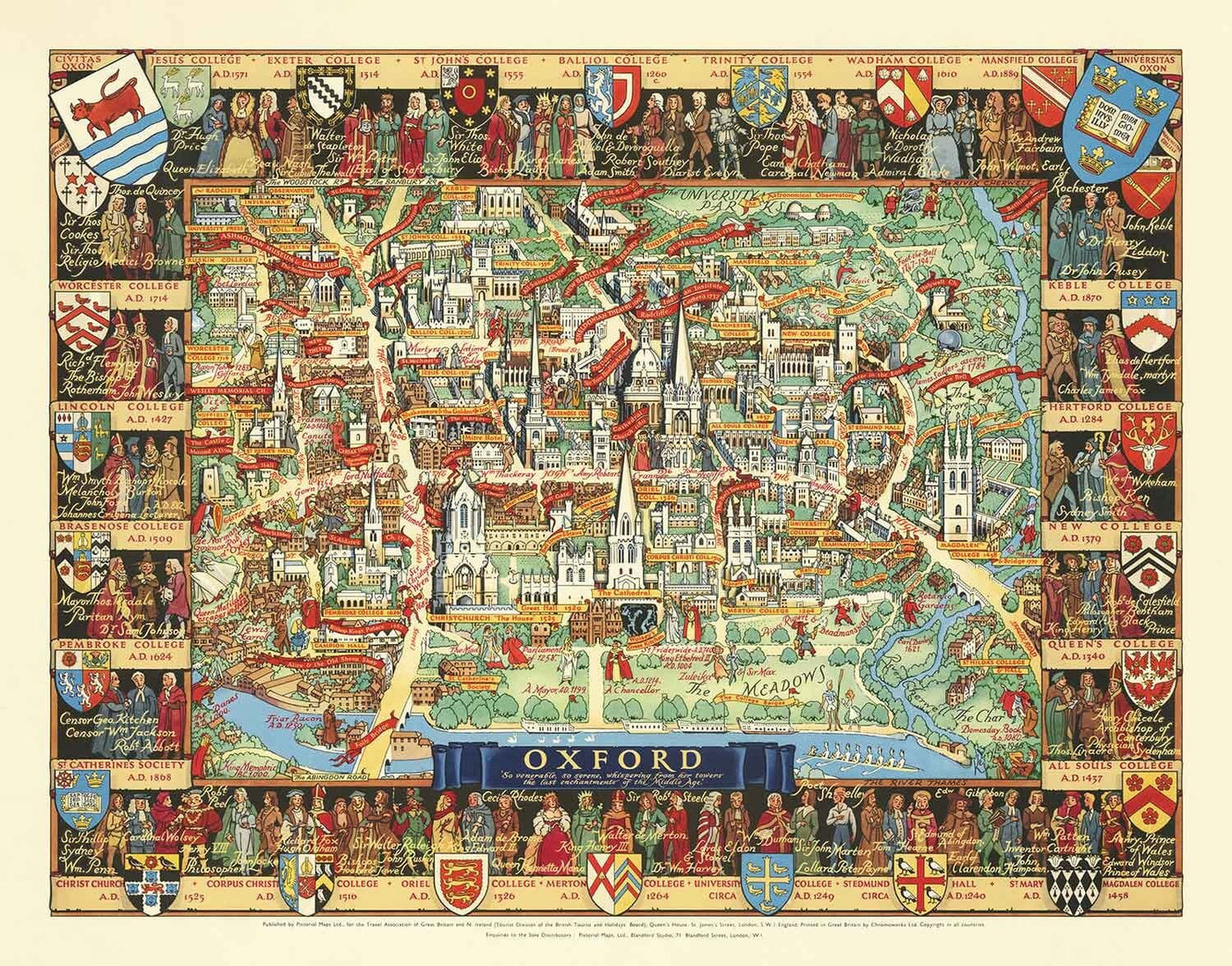 Old Pictorial Map of Oxford by Kerry Lee, 1948 - Pictorial University Colleges, Landmarks - St Catherine's, Keble, All Souls