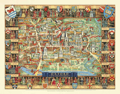 Old Pictorial Map of Oxford by Kerry Lee, 1948 - Pictorial University Colleges, Landmarks - St Catherine's, Keble, All Souls