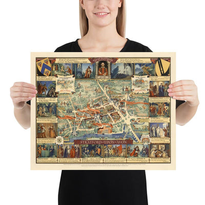Old Pictorial Map of Stratford Upon Avon, 1948 by Kerry Lee - Shakespeare, Theatre, Plays, Nash's House, Poet's Landmarks