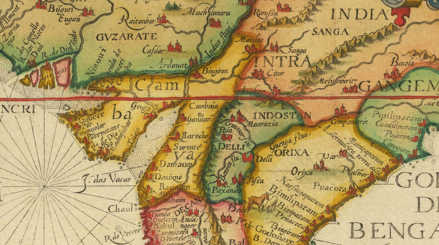 Mapa antiguo de Oriente Medio y Asia, 1596 por Linschoten - India, Irán, Afganistán, Pakistán, Persia, Arabia, Bangladesh
