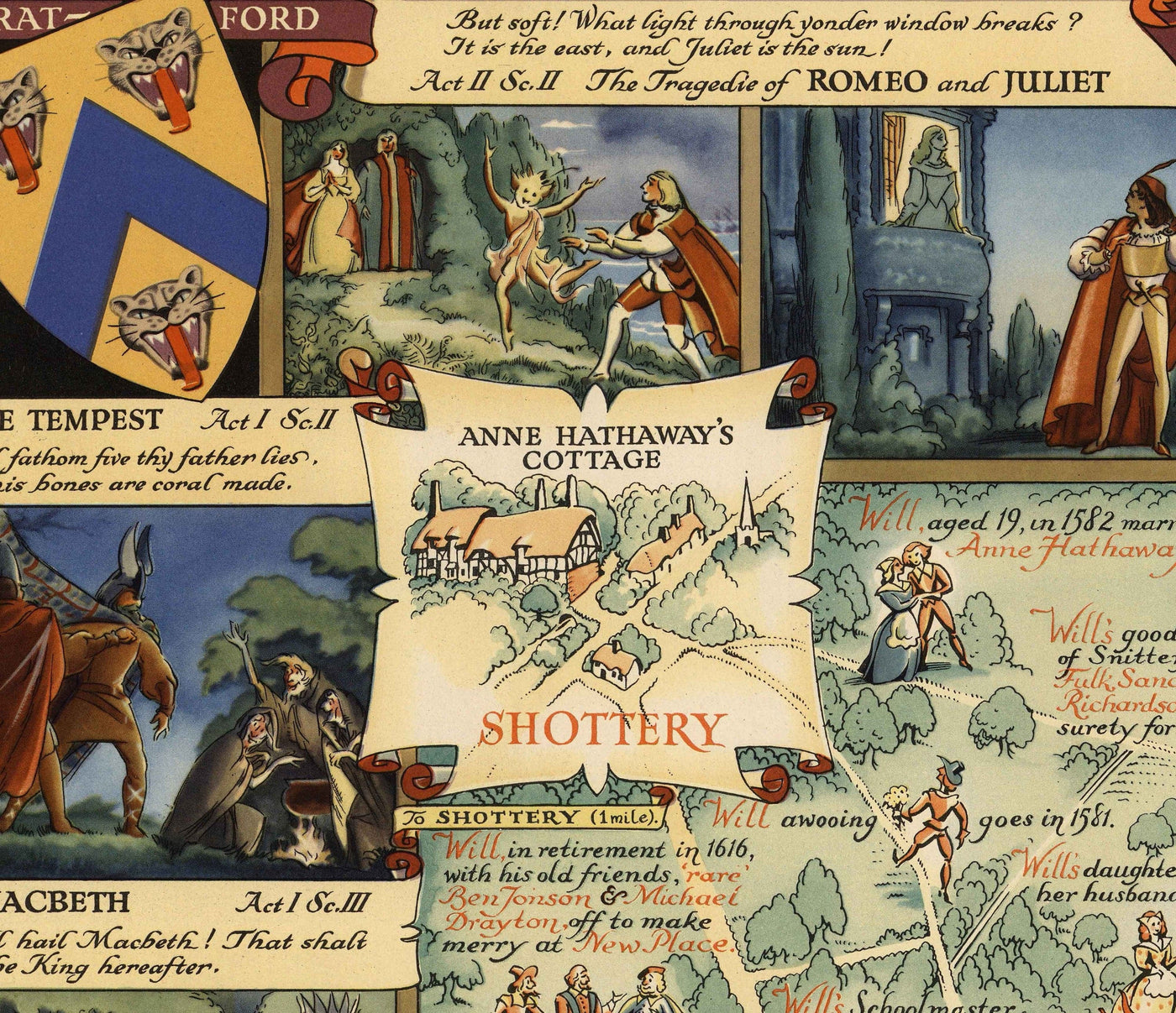 Old Pictorial Map of Stratford Upon Avon, 1948 by Kerry Lee - Shakespeare, Theatre, Plays, Nash's House, Poet's Landmarks