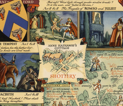 Old Pictorial Map of Stratford Upon Avon, 1948 by Kerry Lee - Shakespeare, Theatre, Plays, Nash's House, Poet's Landmarks