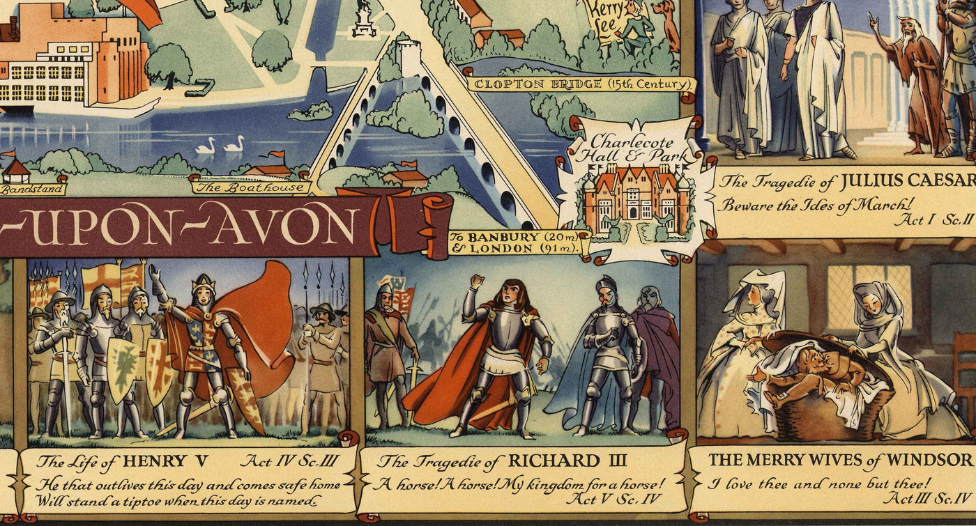 Old Pictorial Map of Stratford Upon Avon, 1948 by Kerry Lee - Shakespeare, Theatre, Plays, Nash's House, Poet's Landmarks