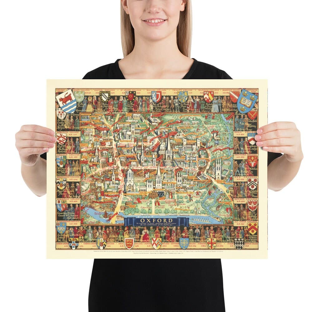 Old Pictorial Map of Oxford by Kerry Lee, 1948 - Pictorial University Colleges, Landmarks - St Catherine's, Keble, All Souls